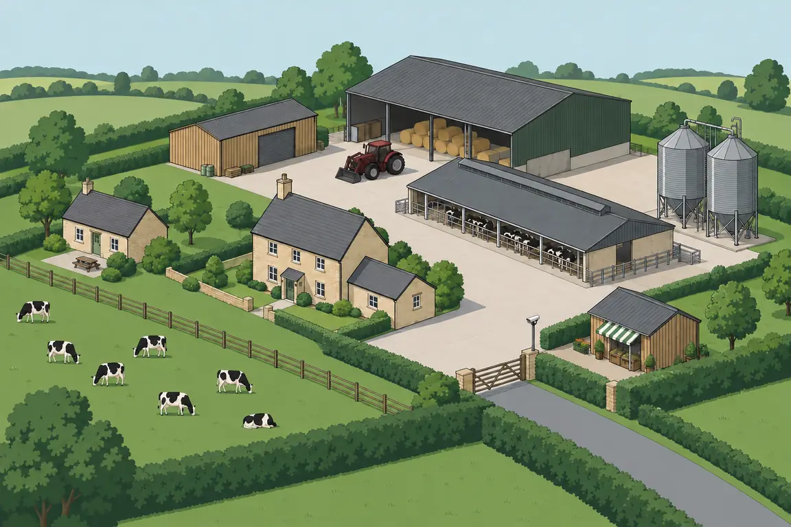 An illustrated Cotswold farm: a stone farmhouse with an office, a milking parlour, a big barn, grain silos, a workshop, a holiday cottage, a farm shop by the yard gate, and cows in the field.