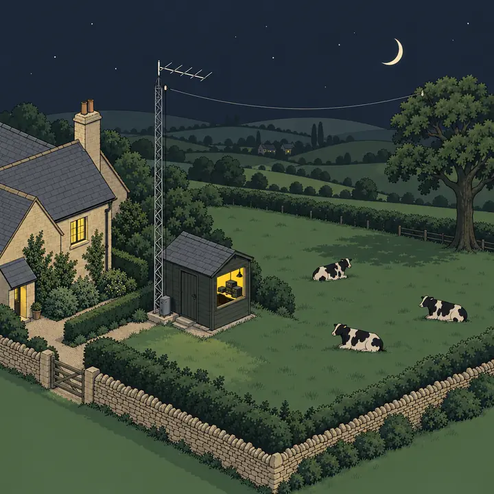 Illustration: a timber radio shack glowing at dusk beside a Cotswold farmhouse, with a lattice mast and beam aerial, a long wire aerial running to an oak, and cows lying in the field.